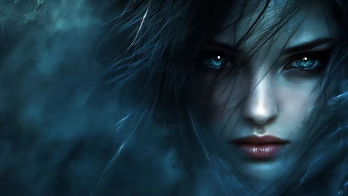 Mystic blue-eyed sorceress emerging through spectral mist.