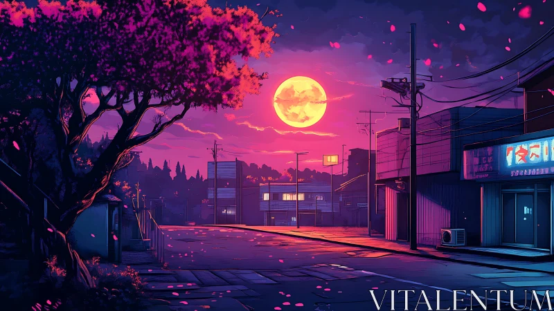 Neon dusk streetscape under oversized moon with high-contrast rim lighting