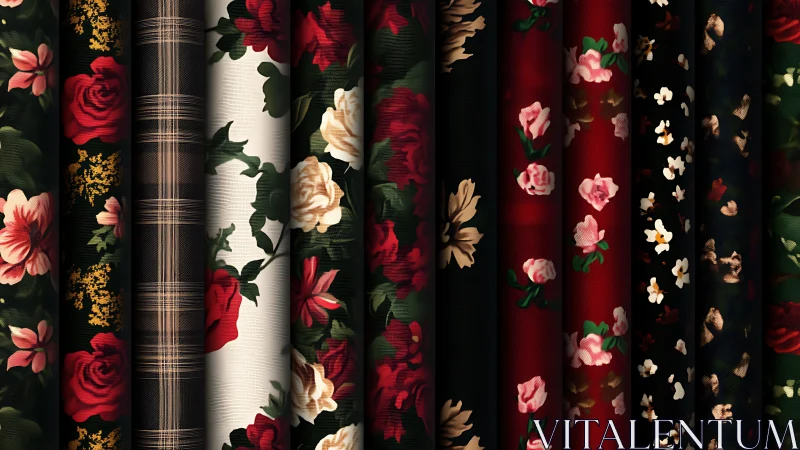 Floral textiles line up in rich reds, blacks, and creams.