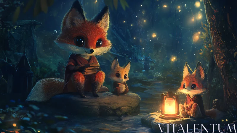Three stylized foxes sit around a lantern in a forest at night