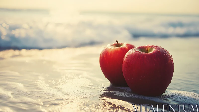 Macro coastal closeup of dewy red apples on wet shoreline