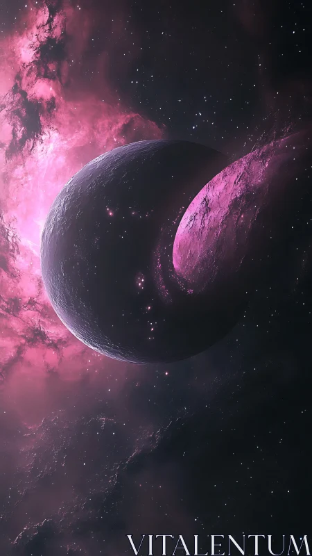 Pink nebula surrounds crescent-lit planet and fractured moon