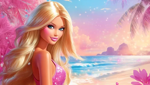 Blonde doll-inspired figure in neon pink tropical sunset seascape.