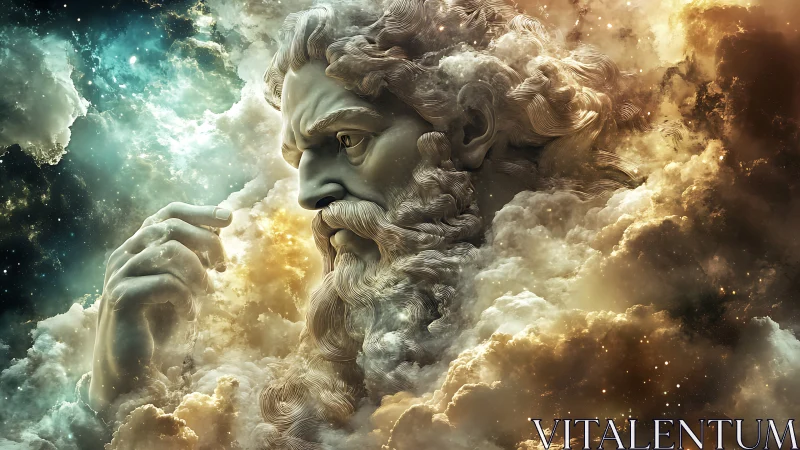Colossal bearded figure emerging from dense cosmic clouds.