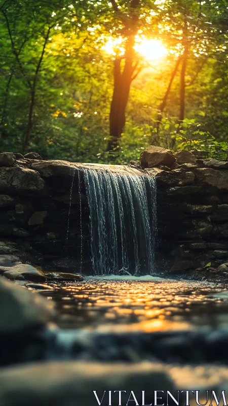 Shallow depth-of-field captures small forest waterfall at sunset