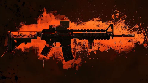 Rifle silhouette over burning orange splatter field.