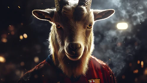 Goat in sports jersey lit by strong directional stadium light