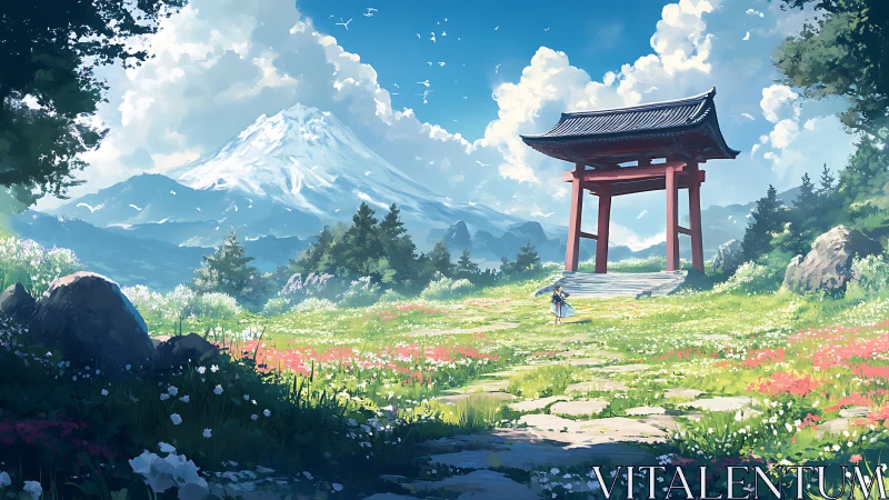 Gateway of petals beneath a cloud crowned mountain dream.