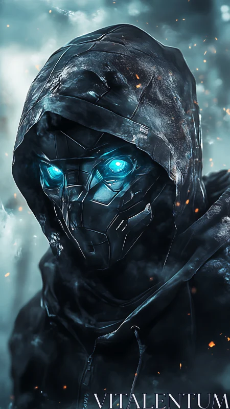 Cyberpunk hooded android portrait with luminous ocular plating.