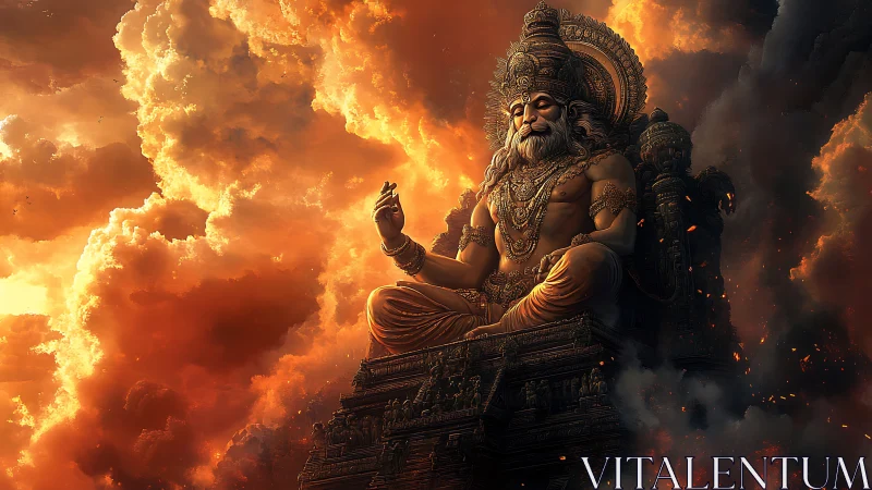 Colossal seated deity statue amid dense fiery clouds.