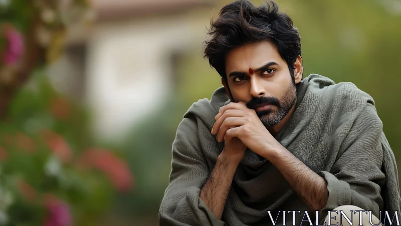 Man in green shawl resting outdoors with intense gaze.