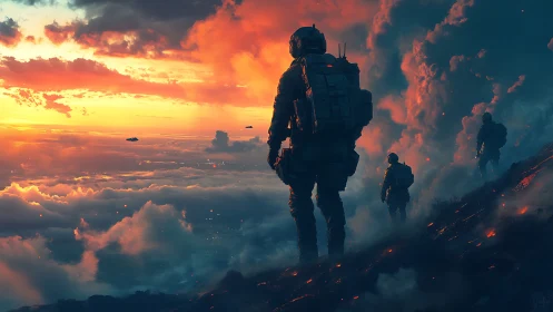 Futuristic soldiers crossing burning ridge above sunset clouds.