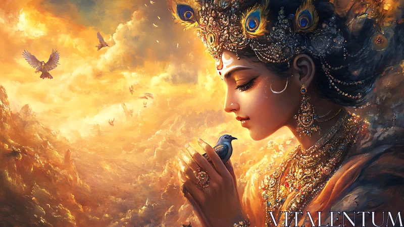 Divine woman in jeweled headdress holds blue bird calmly.