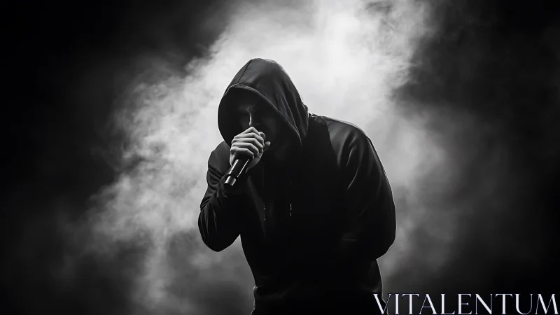 Hooded rapper silhouette in dramatic monochrome stage smoke.