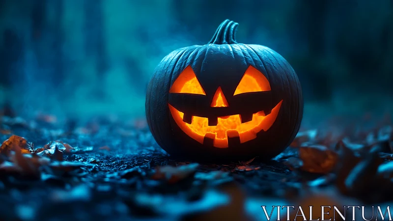 Illuminated jack o lantern on forest floor at dusk period