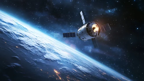 Satellite orbiting Earth above clouds and glowing horizon.