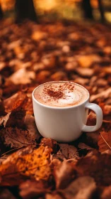 Autumn latte in white ceramic cup amid defocused leaf bokeh