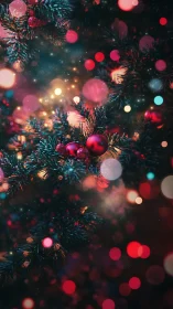 Macro bokeh study of ornamented Christmas evergreen branches