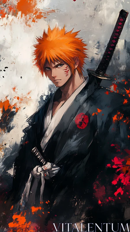 Orange haired swordsman in black robe with abstract splashes.