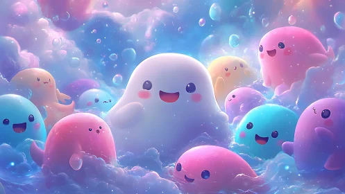 Pastel cloud blobs throw a bubbly party in candy skies