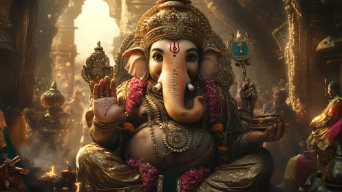 Digital deity portrait of Ganesha in ornate golden temple.