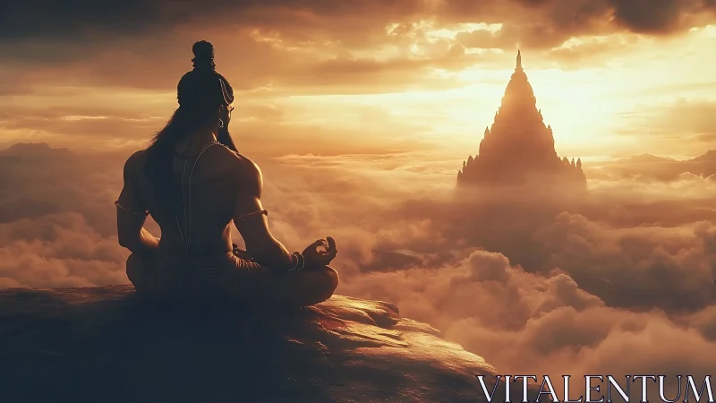 Sunlit sage meditates above clouds before distant temple.