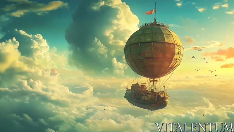 Steampunk airship city drifts through dense sunlit clouds