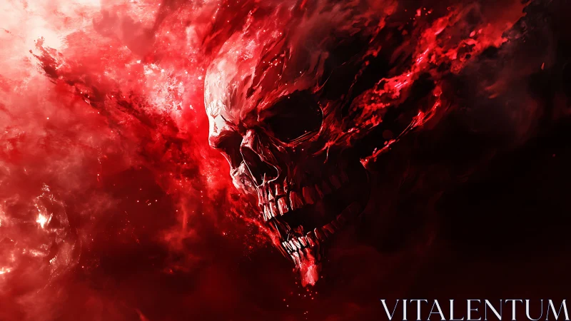 Infernal crimson skull dissolving into raging cosmic firestorm.