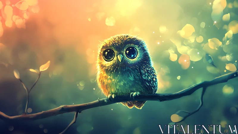 Adorable baby owl on branch in dreamy, colorful digital art style.
