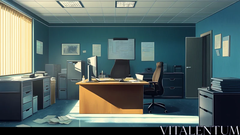 Sunlit corporate office interior with central executive desk.