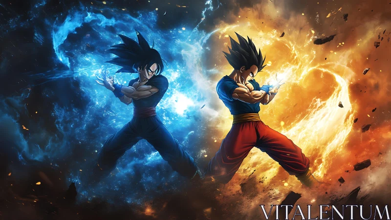 Dual energy warriors clash amid blue and orange cosmic storm