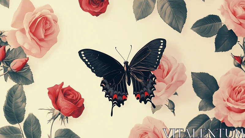 Black butterfly centered among pink roses and gray leaves.