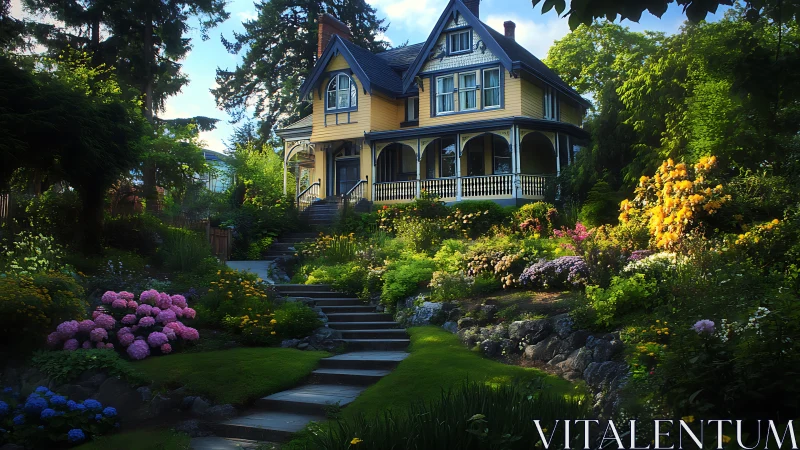 Victorian house framed by lush terraced garden in evening light