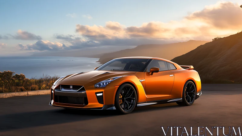 Orange sports coupe parked on coastal road at sunset.