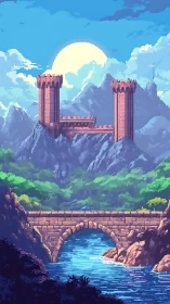 Pixel landscape with mountain fortress and stone bridge.