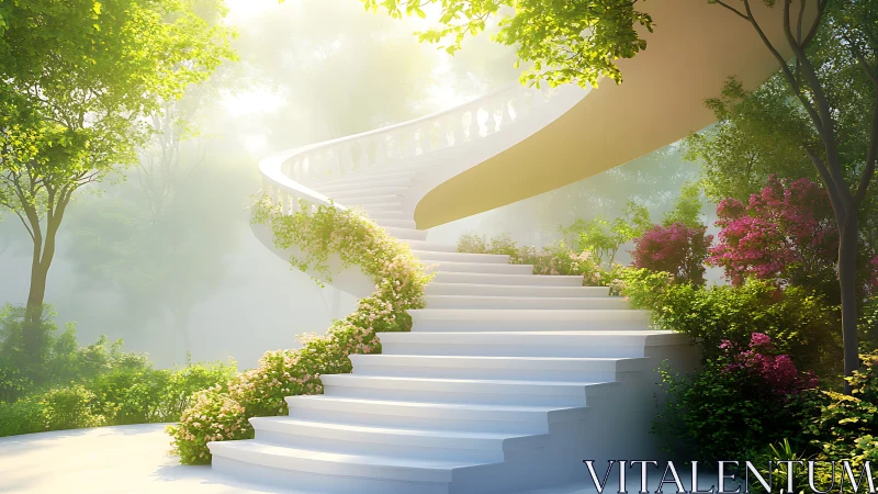 Curved white garden staircase with dense flowering plants.