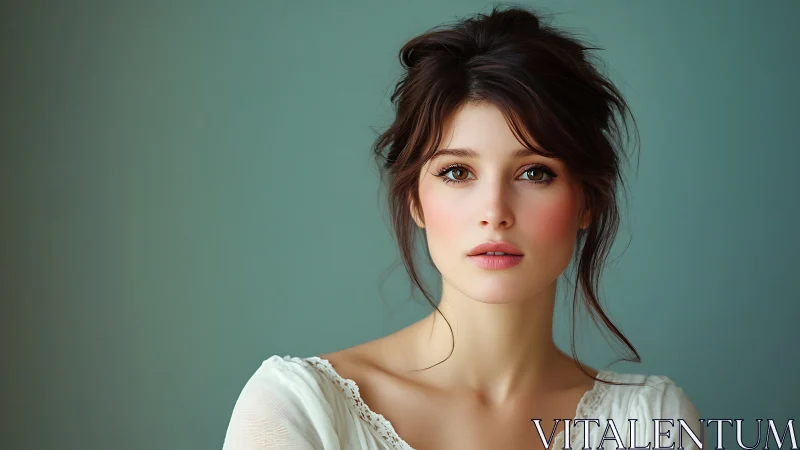 Portrait of young woman against plain teal studio backdrop.