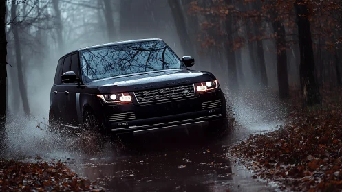 Stormy forest drive with a confident black SUV splashing through.