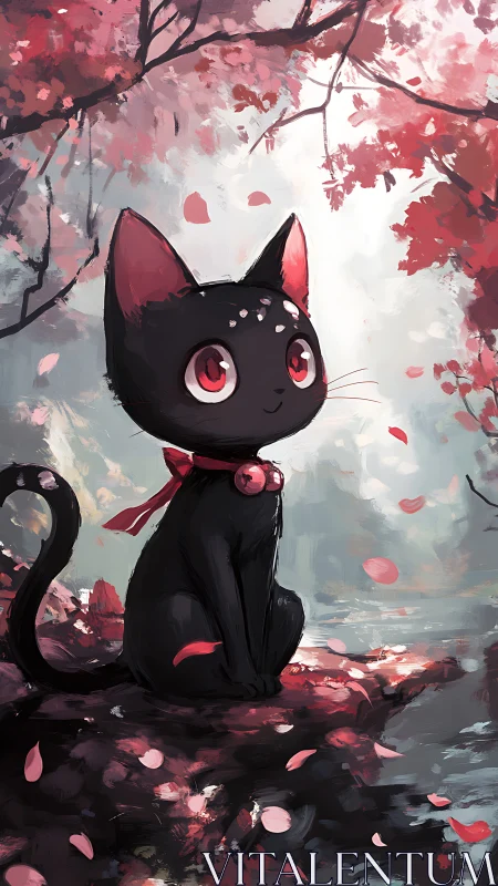 Black kitten under pink blossoms in painterly fantasy forest.