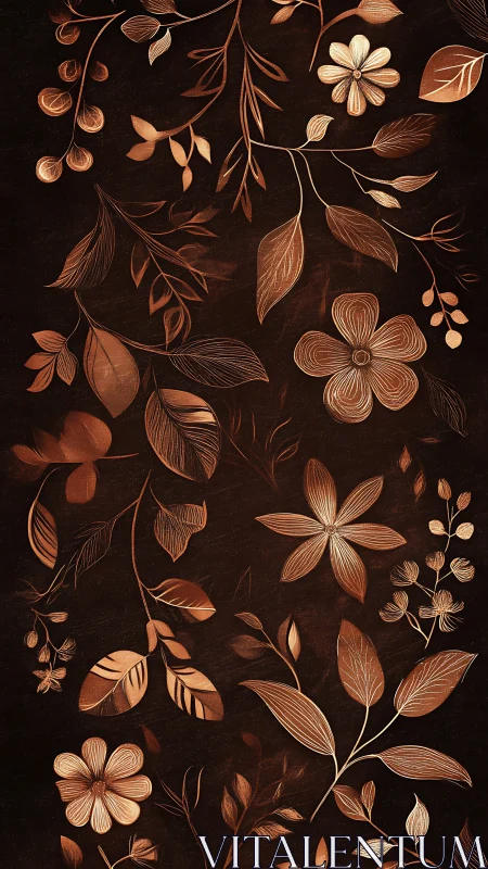 Botanical Illustration: Copper Florals on Dark Background.