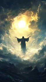 Celestial figure rises through storm-torn clouds toward sun