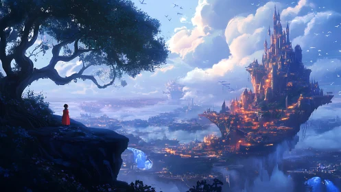 Child in red watching glowing floating castle at twilight