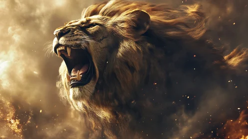 Roaring lion amid swirling firelit smoke clouds.