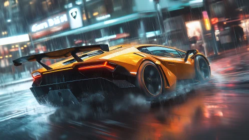 Sleek supercar powers through neon city rain at speed.