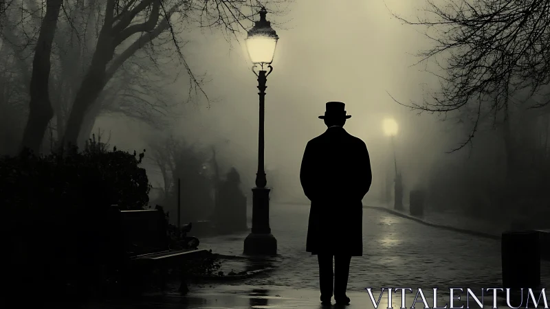 Mysterious gentleman wandering through a misty lamplit park.