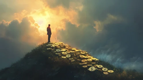 Solitary figure stands on golden coin path toward glowing sky