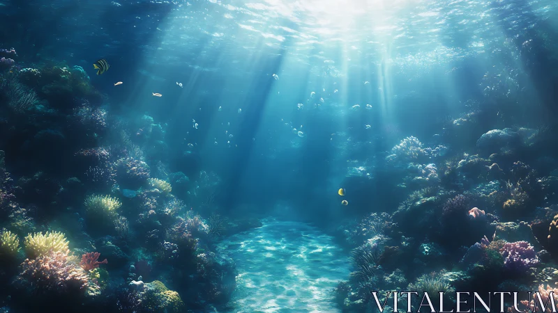 Digital painting of luminous coral reef corridor composition.
