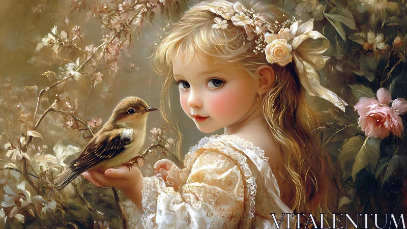 Golden-haired child cradles songbird amid soft florals.