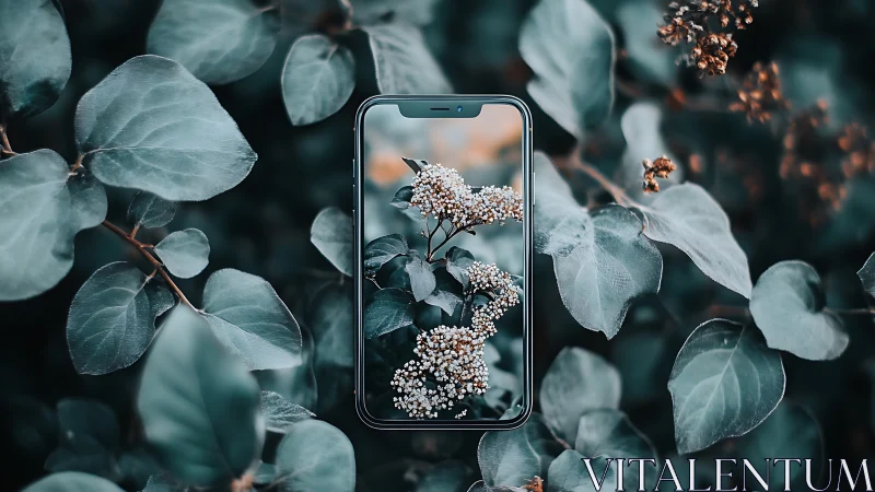 Smartphone screen aligned with flowering plant among leaves.