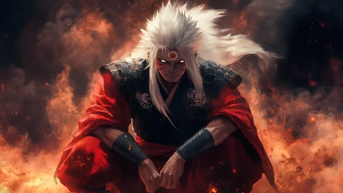 White-haired fire warrior kneels within blazing inferno.